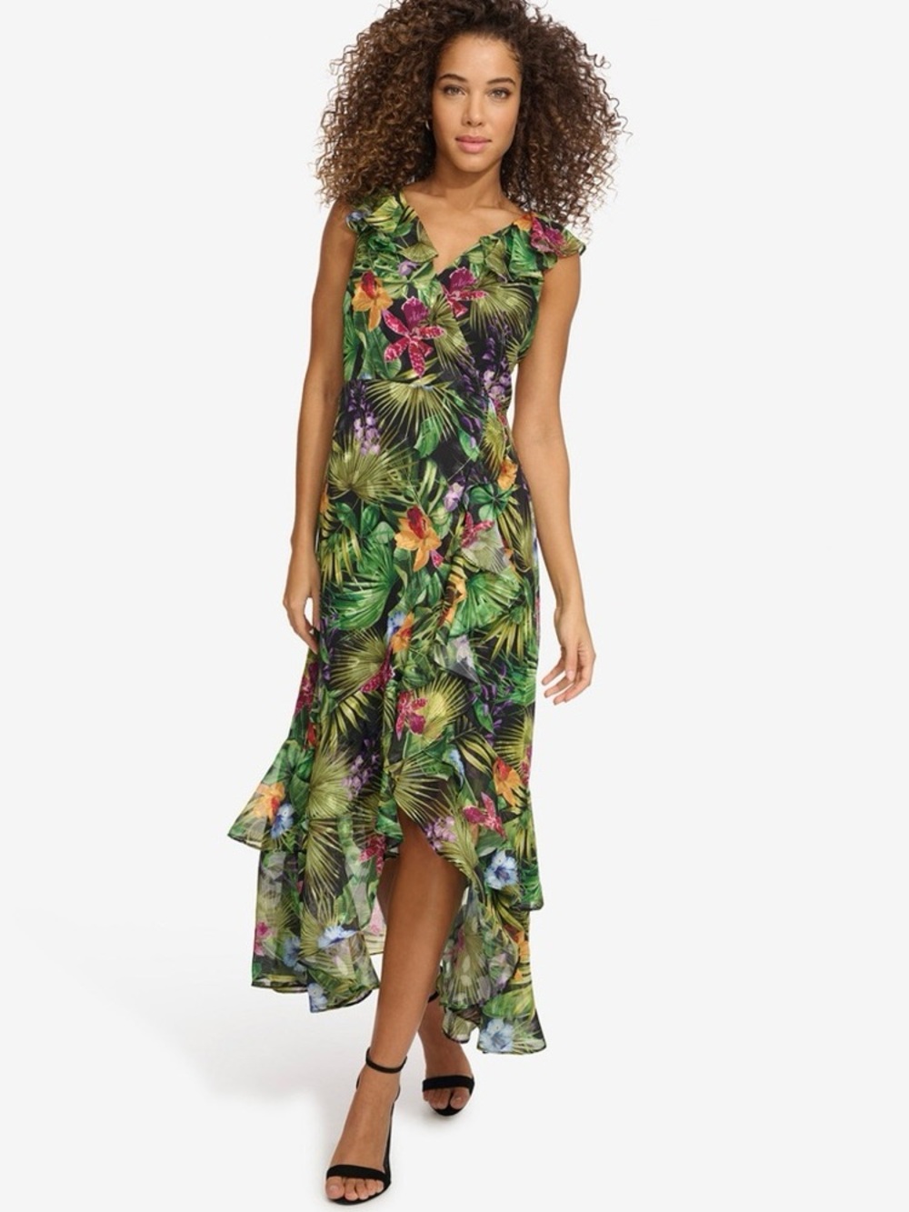 Green Tropical Floral High-Low Dress with Ruffle V-Neck
